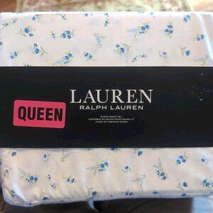 RALPH LAUREN BLUE White FLORAL COTTAGE Farmhouse 4 PC QUEEN SHEET Set